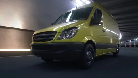 3d model Yellow Delivery Van Driving Through Modern Highway Tunnel. Stock Footage 335967029