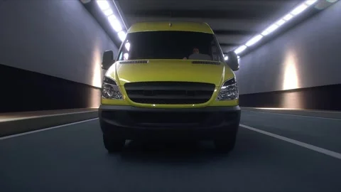 3d model Yellow Delivery Van Driving Through Modern Highway Tunnel. Stock Footage 335967032