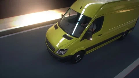 3d model Yellow Delivery Van Driving Through Modern Highway Tunnel. Stock Footage 335967035