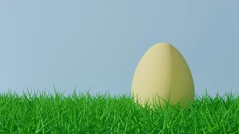3D model of yellow egg on grass on blue background, easter holiday, easter Foto stock