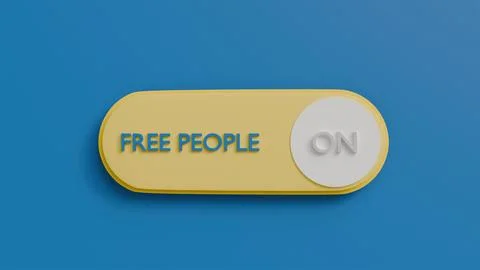 3D model of a yellow power button with the text free people on a blue backg.. Stock Illustration