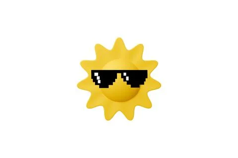 3D model yellow sun in pixel sunglasses, sun and weather, Stock Illustration