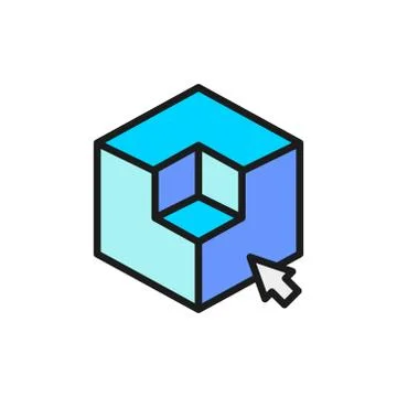 3D modeling, 3 dimensional model, cube geometric shape flat color line icon. Stock Illustration