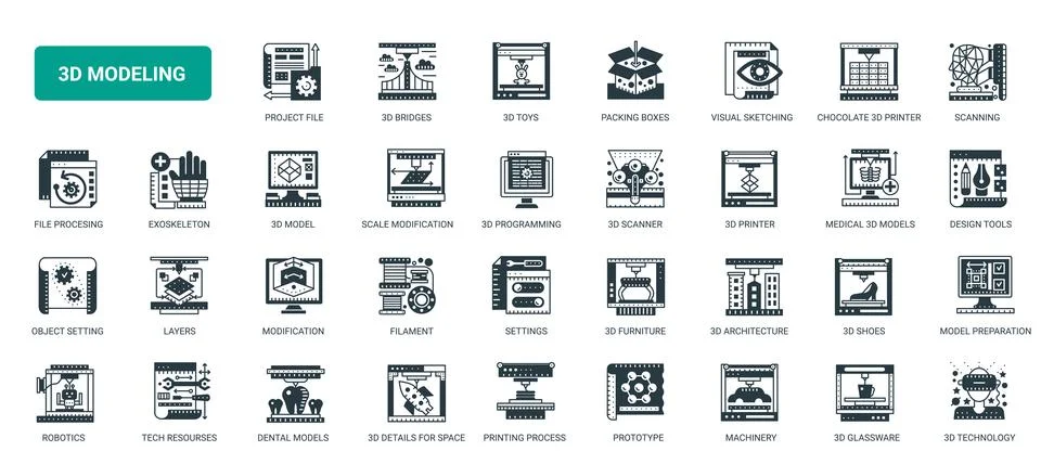 3D Modeling and Printing Technology Symbols icons set Stock Illustration