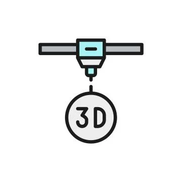 3d modeling, industrial printer, 3 dimensional model flat color line icon. Stock Illustration