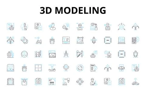 3d modeling linear icons set. Rendering, Animation, CAD, Sculpting, Texturing Illustrazione stock