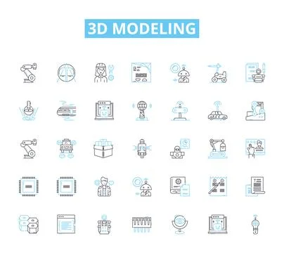 3d modeling linear icons set. Rendering, Animation, CAD, Sculpting, Texturing Illustrazione stock