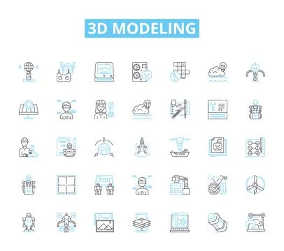 3d modeling linear icons set. Rendering, Animation, CAD, Sculpting, Texturing Stock Illustration