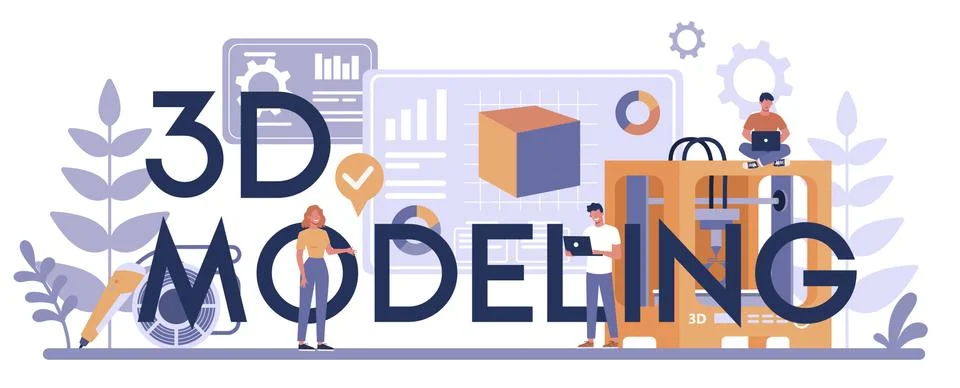 3D modeling technology typographic header concept. 3D printer Illustrazione stock