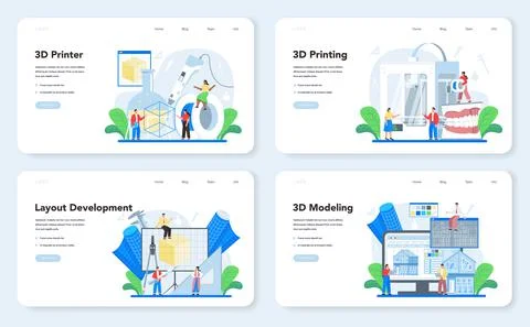 3D modeling web banner or landing page set. Digital drawing Stock Illustration