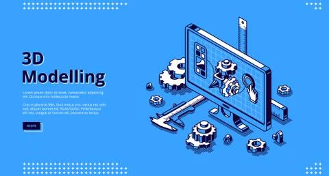 3d modelling isometric landing page, cad model Illustrazione stock