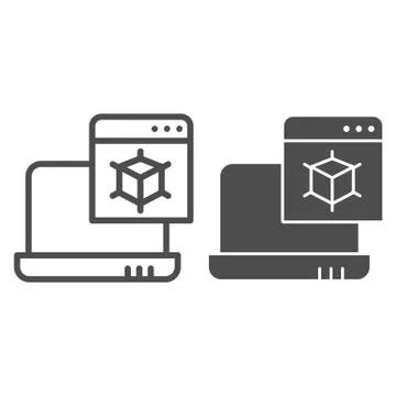 3D modelling line and glyph icon. Laptop with 3d project vector illustration Illustrazione stock