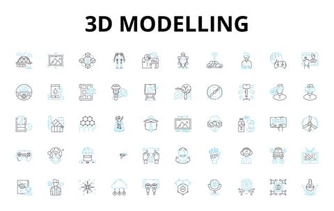 3d modelling linear icons set. Rendering, Sculpting, Texturing, Animation Ilustración de archivo