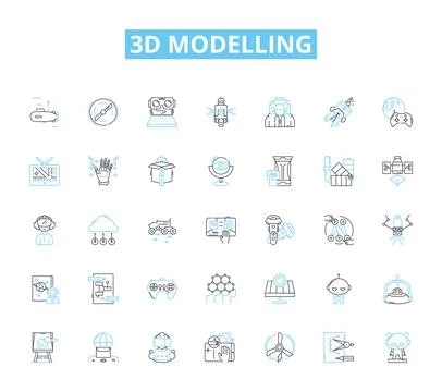 3d modelling linear icons set. Rendering, Sculpting, Texturing, Animation Stock Illustration