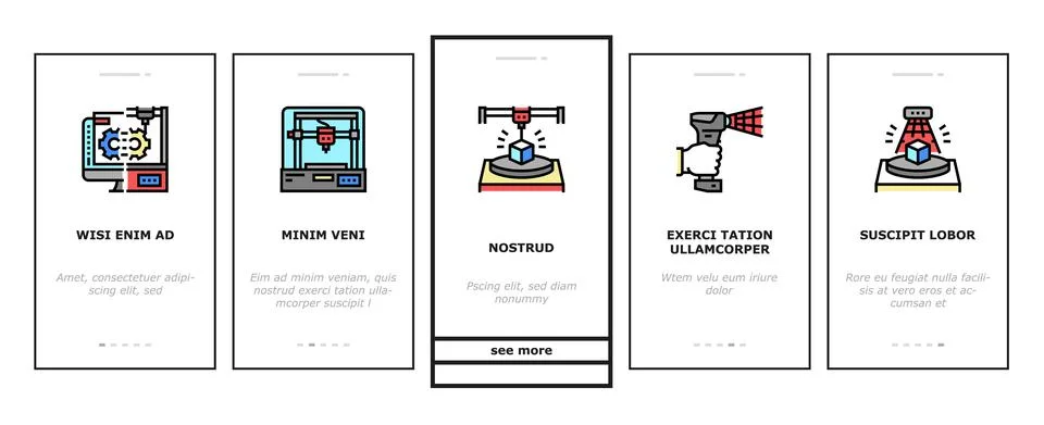 3d Modelling Software And Device Onboarding Icons Set Vector Illustrazione stock