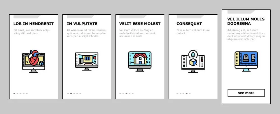 3d Modelling Software And Device Onboarding Icons Set Vector Stock Illustration