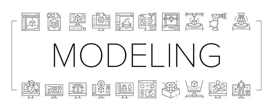 3d Modelling Software And Device Icons Set Vector . Illustrazione stock