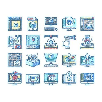 3d Modelling Software And Device Icons hand drawn Ilustração Stock