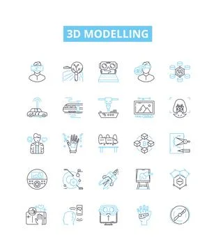 3d modelling vector line icons set. 3D, Modelling, Modeling, CAD, Design Stock Illustration