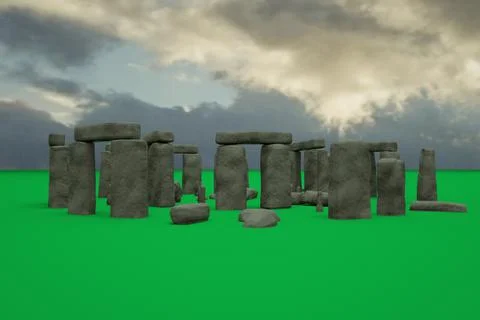 3D models of ancient ruined stone ruins stand on a green floor, grass, against Ilustración de archivo