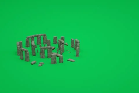 3D models of ancient ruined stone ruins on a green isolated background. 3d Ilustración de archivo