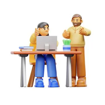 3D models of cartoon-style characters in a discussion by the computer screen 스톡 일러스트