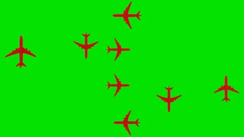 3D models of red passenger planes flying in a circle on a green background. 3D r Stock Footage 301515208