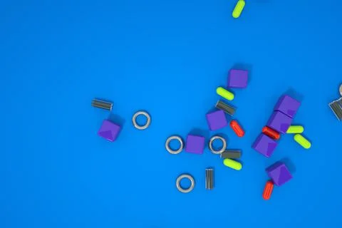 3D models of small scattered things. Pills, small parts. Computer graphics Stock Illustration