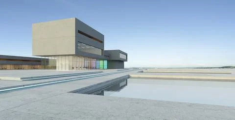 3D Modern architecture with a pond Ilustración de archivo