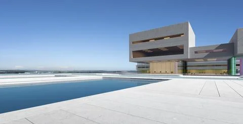 3D Modern architecture with a pond Ilustración de archivo