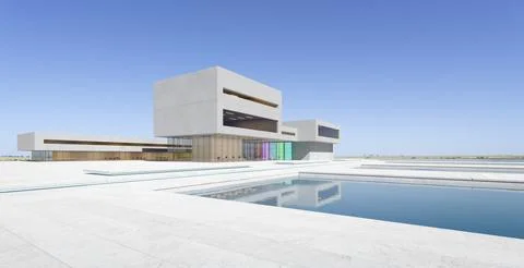 3D Modern architecture with a pond Ilustración de archivo