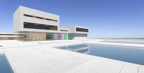 3D Modern architecture with a pond Ilustración de archivo
