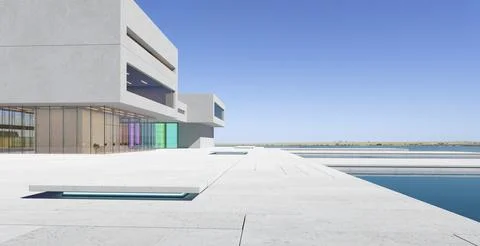 3D Modern architecture with a pond Stock Illustration