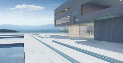 3D Modern architecture with a pond Ilustración de archivo