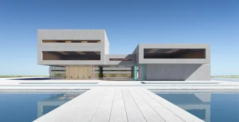 3D Modern architecture with a pond Ilustración de archivo