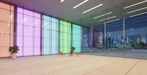 3d Modern colored gradient glass walls lobby waiting space Stock Illustration