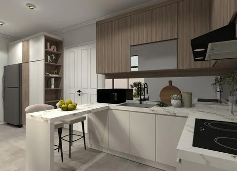 3D Modern kitchen and bar table design Illustration