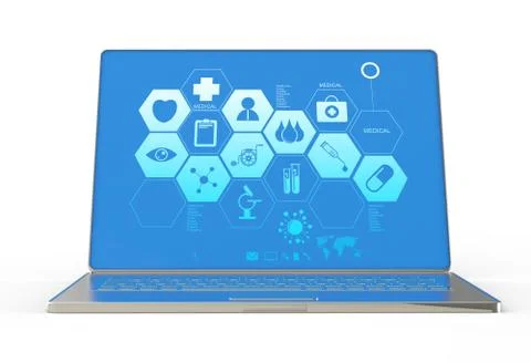 3d modern laptop computer and medical interface Illustrazione stock