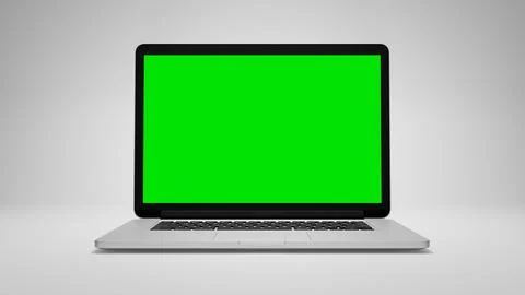 3d modern laptop computer showing green chroma key screen on white background Stock Photos