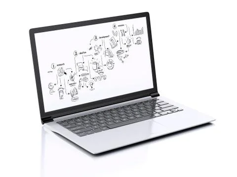 3d Modern Laptop with creative process sketch on screen 스톡 일러스트