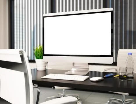 3D Modern office with blank computer screen. Mockup Stock Illustration