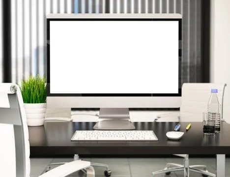 3D Modern office with blank computer screen. Mockup Stock Illustration