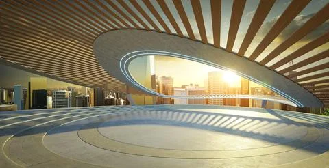 3D Modern urban observation deck at sunset Illustrazione stock
