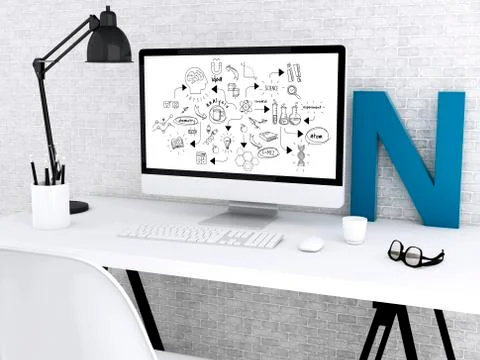 3d Modern workspace and computer with chemestry sketch Stock Illustration