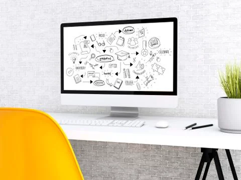 3d Modern workspace and computer with education sketch 스톡 일러스트