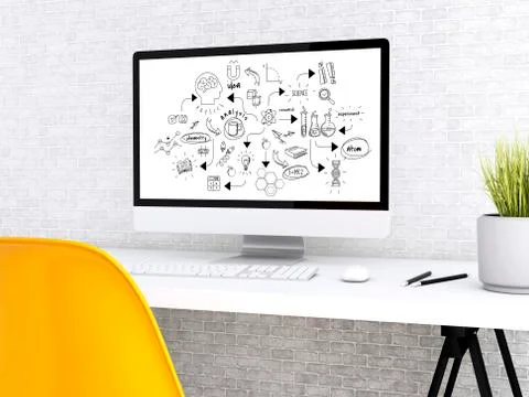 3d Modern workspace and computer with chemestry and science sketch イラスト素材