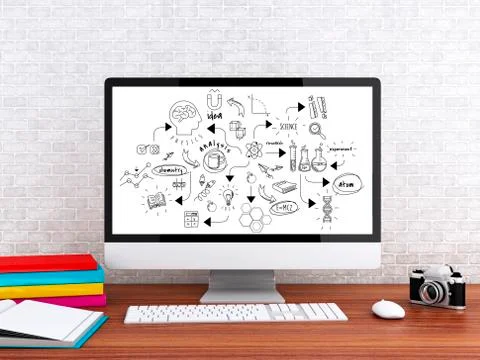 3d Modern workspace and computer with chemestry and science sketch Stock Illustration