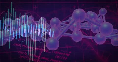 3D molecular chain spinning across violet grid while multicolor bars rising and Stock Footage 309092636