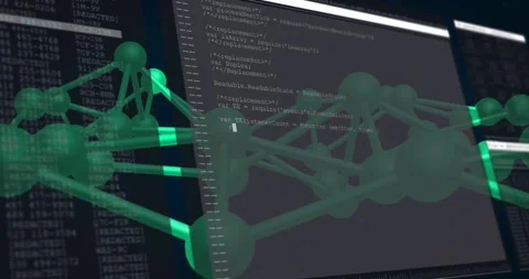 3D molecular model rotating as transparent code panel sliding in, revealing code Stock Footage 331820914