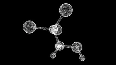3D molecule on black bg. Object dissolved flickering particles. Scientific me Stock Illustration